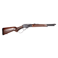 Side view of a bolt-action rifle with a wooden stock and metal barrel on a white background.