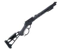 Black tactical semi-automatic rifle with adjustable stock, long perforated handguard rails, and a sling attached.