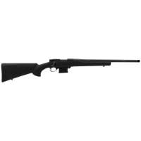 Side view of a black bolt-action rifle with a long barrel and synthetic stock on a white background