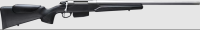 Bolt-action hunting rifle with black synthetic stock and long silver barrel, photographed from the side
