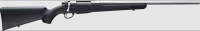 Bolt-action rifle with black stock and long silver barrel shown lying horizontally on a light background.