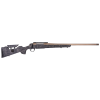 Camouflage-pattern bolt-action hunting rifle with a long brown barrel and scope rail, shown from side.